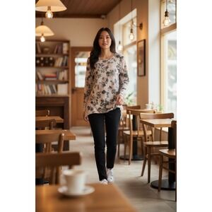 Unbranded Floral Crochet Lace Knit Top Womens M Pink Grey Rose 3/4 Sleeve